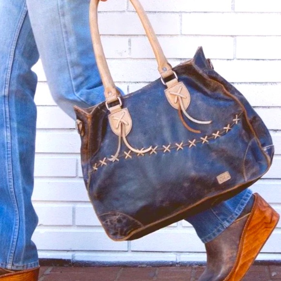 Bed Stu Bag. Stylish Blue and Tan Leather Tote Bag - Picture 6 of 7